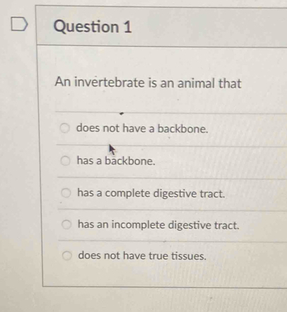 An invertebrate is an animal that
does not have a backbone.
has a backbone.
has a complete digestive tract.
has an incomplete digestive tract.
does not have true tissues.