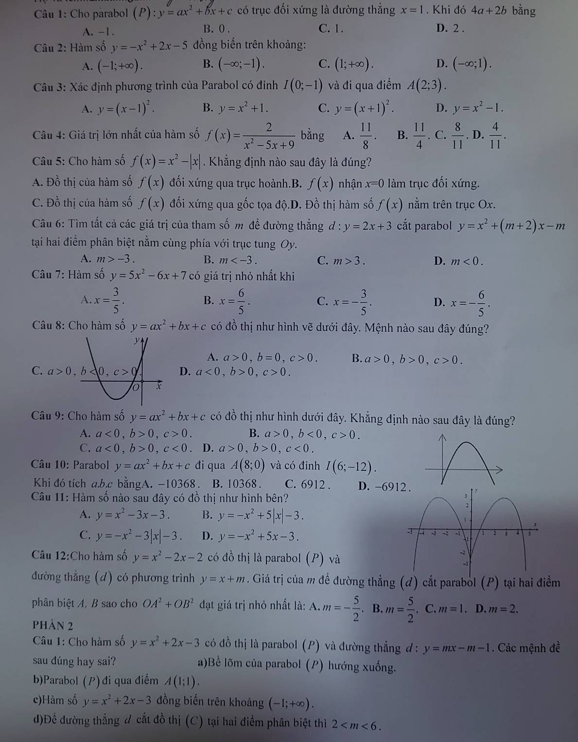 Cho parabol (P):y=ax^2+bx+c có trục đối xứng là đường thẳng x=1. Khi đó 4a+2b bằng
A.-1. B. 0 . C. 1. D. 2 .
Câu 2: Hàm số y=-x^2+2x-5 đồng biến trên khoảng:
B.
A. (-1;+∈fty ). (-∈fty ;-1). C. (1;+∈fty ). D. (-∈fty ;1).
*  Câu 3: Xác định phương trình của Parabol có đỉnh I(0;-1) và đi qua điểm A(2;3).
A. y=(x-1)^2. B. y=x^2+1. C. y=(x+1)^2. D. y=x^2-1.
Câu 4: Giá trị lớn nhất của hàm số f(x)= 2/x^2-5x+9 b^3 o ing A.  11/8 . B.  11/4 . C.  8/11 . D.  4/11 .
Câu 5: Cho hàm số f(x)=x^2-|x| Khẳng định nào sau đây là đúng?
A. Đồ thị của hàm số f(x) đối xứng qua trục hoành.B. f(x) nhận x=0 làm trục đối xứng.
C. Đồ thị của hàm số f(x) đối xứng qua gốc tọa độ.D. Đồ thị hàm số f(x) nằm trên trục Ox.
Câu 6: Tìm tất cả các giá trị của tham số m để đường thẳng đ : y=2x+3 cắt parabol y=x^2+(m+2)x-m
tại hai điểm phân biệt nằm cùng phía với trục tung Oy.
A. m>-3. B. m C. m>3. D. m<0.
Câu 7: Hàm số y=5x^2-6x+7 có giá trị nhỏ nhất khi
A. x= 3/5 . x= 6/5 . x=- 3/5 . D. x=- 6/5 .
B.
C.
Câu 8: Cho hàm số y=ax^2+bx+c có đồ thị như hình vẽ dưới đây. Mệnh nào sau đây đúng?
A. a>0,b=0,c>0. B. a>0,b>0,c>0.
C. D. a<0,b>0,c>0.
Câu 9: Cho hàm số y=ax^2+bx+c có đồ thị như hình dưới đây. Khẳng định nào sau đây là đúng?
A. a<0,b>0,c>0. B. a>0,b<0,c>0.
C. a<0,b>0,c<0</tex> D. a>0,b>0,c<0.
Câu 10: Parabol y=ax^2+bx+c đi qua A(8;0) và có đỉnh I(6;-12).
Khi đó tích a.b.c bằngA. -10368 . B. 10368. C. 6912 . D. -6912 .
Câu 11: Hàm số nào sau đây có đồ thị như hình bên?
A. y=x^2-3x-3. B. y=-x^2+5|x|-3.
C. y=-x^2-3|x|-3. D. y=-x^2+5x-3.
Câu 12:Cho hàm số y=x^2-2x-2 có đồ thị là parabol 15° P) và
đường thẳng (d) có phương trình y=x+m. Giá trị của m để đường thẳng (d) cắt parabol (P) tại hai điểm
phân biệt A, B sao cho OA^2+OB^2 đạt giá trị nhỏ nhất là: A. m=- 5/2 . B. m= 5/2 .. C. m=1.. D. m=2.
phản 2
Câu 1: Cho hàm số y=x^2+2x-3 có đồ thị là parabol (P) và đường thẳng đ: y=mx-m-1. Các mệnh đề
sau dúng hay sai? a)Bề lõm của parabol (P) hướng xuống.
b)Parabol () đi qua điểm A(1;1).
c)Hàm số y=x^2+2x-3 đồng biến trên khoảng (-1;+∈fty ).
d)Để dường thắng đ cắt đồ thị (C) tại hai điểm phân biệt thì 2