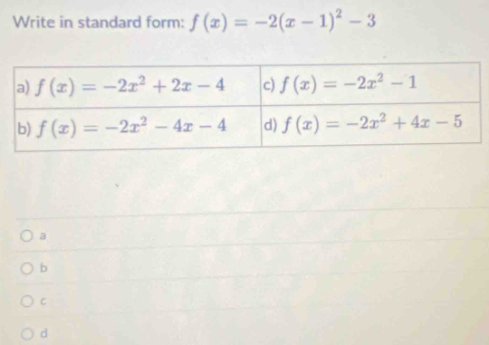 Write in standard form: f(x)=-2(x-1)^2-3
a
b
C
d