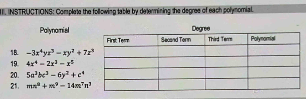 INSTRUCTIONS: Complete the following table by determining the degree of each polynomial. 
PolynomialDegree 
18. -3x^4yz^3-xy^2+7z^3
19. 4x^4-2x^3-x^5
20. 5a^3bc^3-6y^2+c^4
21. mn^8+m^9-14m^7n^3