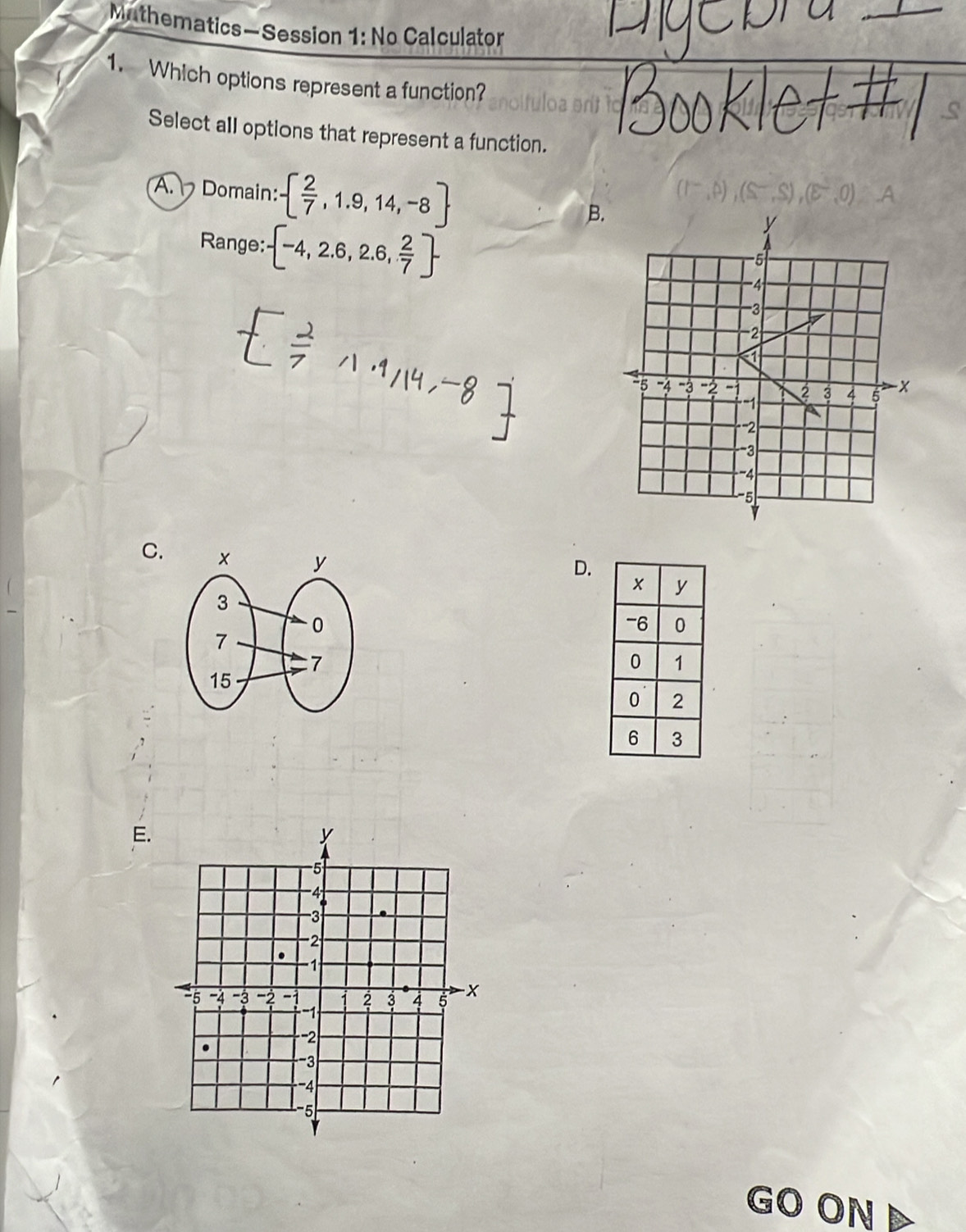 Mithematics—Session 1: No Calculator
1. Which options represent a function?
Select all options that represent a function.
A.Domain:   2/7 ,1.9,14,-8 B.
Range:  -4,2.6,2.6, 2/7 
y
-5
4
-3

1
4 -3 2 -1 2 3 4 5 -x
−1
*'' 2
3
4
-5
C.
D.
E.
GOON