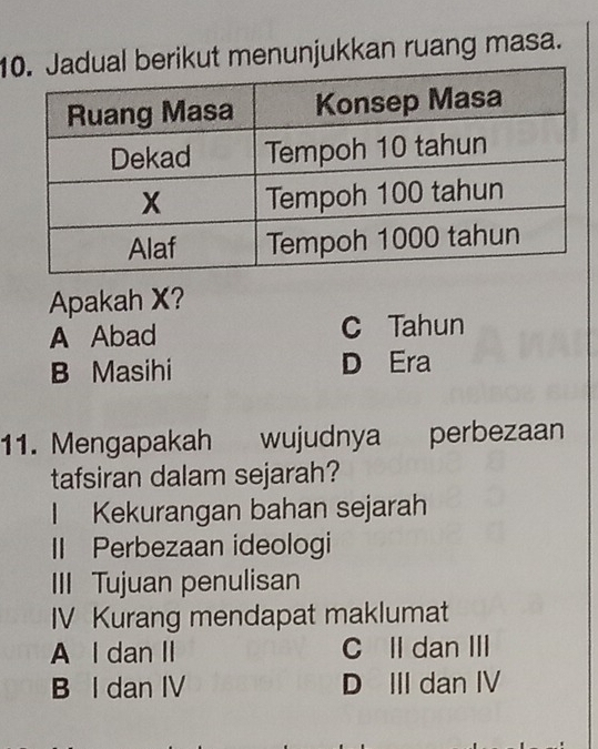 1berikut menunjukkan ruang masa.
Apakah X?
A Abad C Tahun
B Masihi D Era
11. Mengapakah wujudnya perbezaan
tafsiran dalam sejarah?
I Kekurangan bahan sejarah
II Perbezaan ideologi
III Tujuan penulisan
IV Kurang mendapat maklumat
A l dan II C Il dan III
B I dan IV D III dan IV