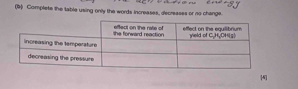 Complete the table using only the words increases, decreases or no change.
[4]