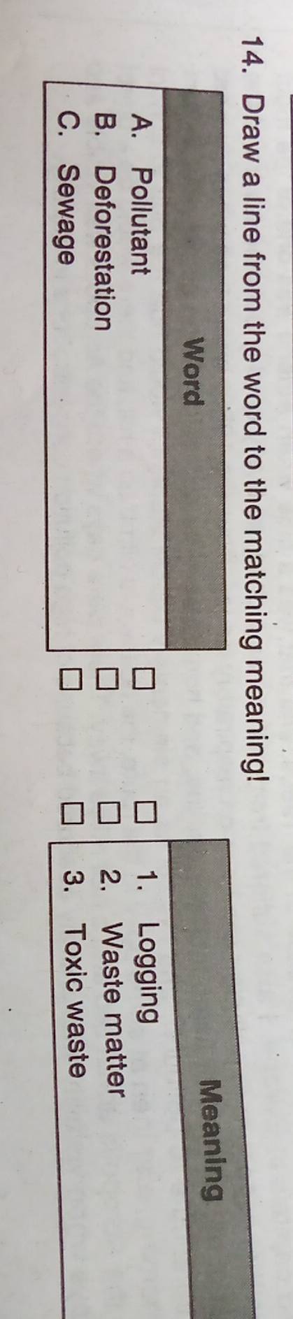 Draw a line from the word to the matching meaning! 
Meaning 
1. Logging 
2. Waste matter 
3. Toxic waste