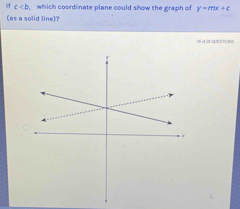 If c , which coordinate plane could show the graph of y=mx+c
(as a solid line)? 
16 of 20 QUESTIONS