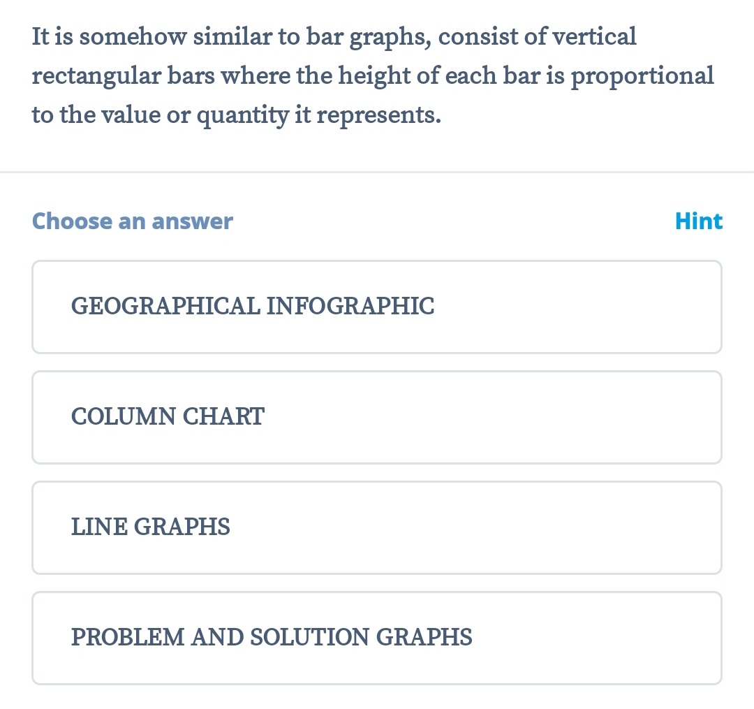 It is somehow similar to bar graphs, consist of vertical
rectangular bars where the height of each bar is proportional
to the value or quantity it represents.
Choose an answer Hint
GEOGRAPHICAL INFOGRAPHIC
COLUMN CHART
LINE GRAPHS
PROBLEM AND SOLUTION GRAPHS