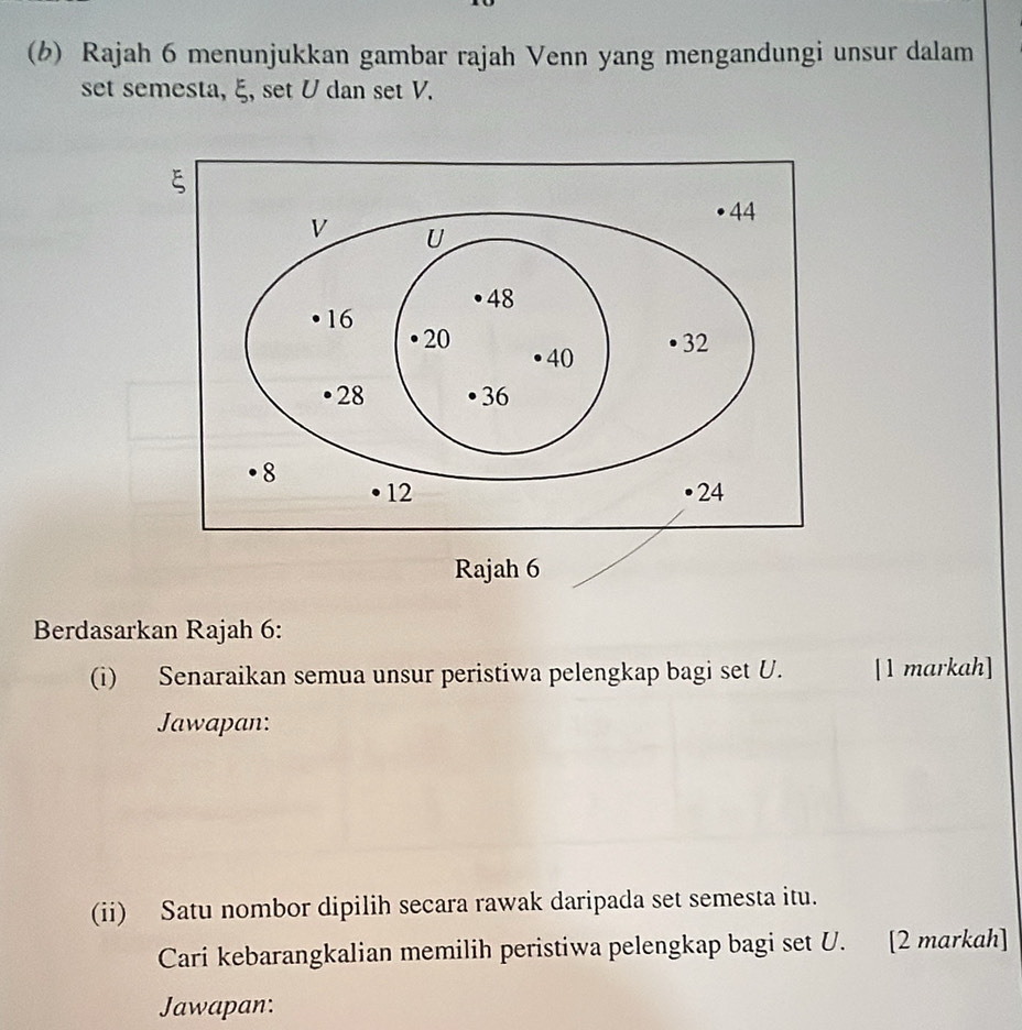 Rajah 6 menunjukkan gambar rajah Venn yang mengandungi unsur dalam 
set semesta, ξ, set U dan set V. 
Rajah 6 
Berdasarkan Rajah 6: 
(i) Senaraikan semua unsur peristiwa pelengkap bagi set U. [1 markah] 
Jawapan: 
(ii) Satu nombor dipilih secara rawak daripada set semesta itu. 
Cari kebarangkalian memilih peristiwa pelengkap bagi set U. [2 markah] 
Jawapan: