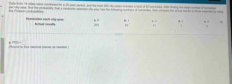 Data from 14 cities were combined for a 20-year period, and the total 280 city-years included a total of 92 homicides. After finding the mean number of homicides
per city- year, find the probability that a randomly selected city- year has the following numbers of homicides, then compare the actual results to those expected by using
the Poisson probabilities:
Homicides each city- year a. 0 b. 1 c. 2 d. 3 e. 4
Actual results 201 67 11 1 0
a. P(0)=□
(Round to four decimal places as needed.)