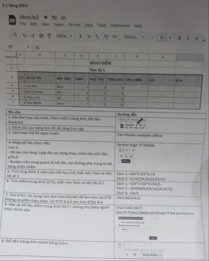 3.1 Bảng điểm
Module3
88
File Edit View Insert Format Data Tools Extensions Help
q b d ē 1 100% s* 2 123 Defaul..  1/2  -□ +beta I+BI

g
-
d
5
h
6
7.
kh
8.
kh
9. Đ
Đảng Điểm -