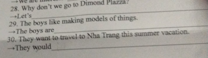 we mre m 
28. Why don’t we go to Dimond Plazza. 
→Let's 
_ 
29. The boys like making models of things. 
→The boys are 
_ 
_ 
30. They want to travel to Nha Trang this summer vacation. 
→They would