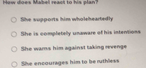 How does Mabel react to his plan?
She supports him wholeheartedly
She is completely unaware of his intentions
She warns him against taking revenge
She encourages him to be ruthless