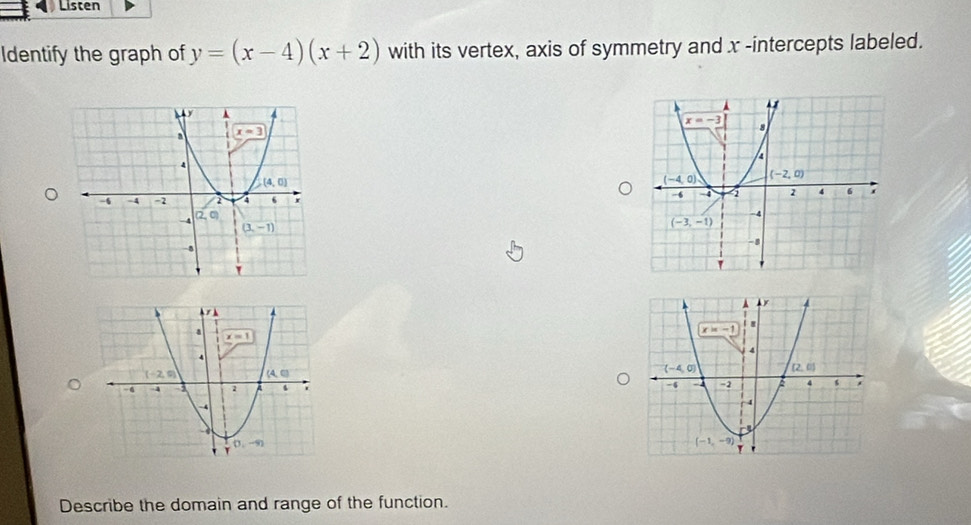 Listen
Identify the graph of y=(x-4)(x+2) with its vertex, axis of symmetry and x -intercepts labeled.
 
Describe the domain and range of the function.