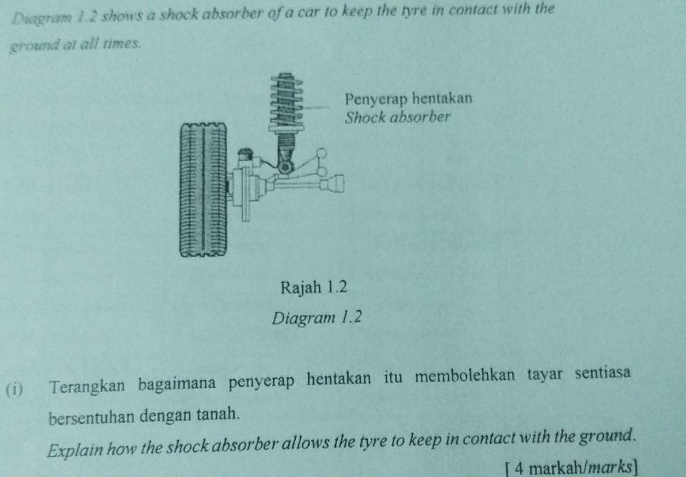 Diagram 1.2 shows a shock absorber of a car to keep the tyre in contact with the 
ground at all times. 
(i) Terangkan bagaimana penyerap hentakan itu membolehkan tayar sentiasa 
bersentuhan dengan tanah. 
Explain how the shock absorber allows the tyre to keep in contact with the ground. 
[ 4 markah/marks]