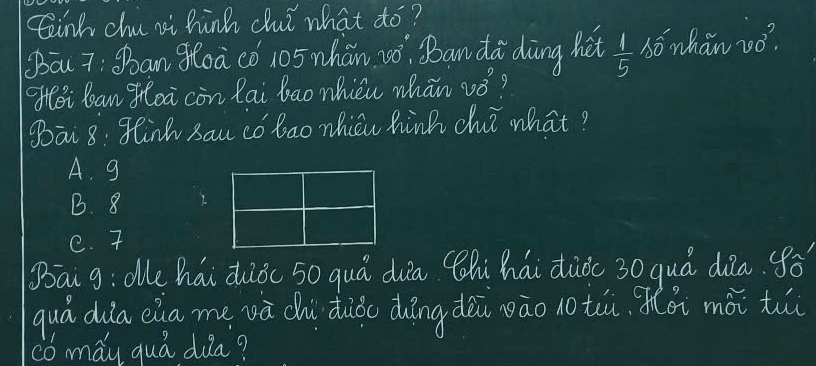 Einh chu si hink clui what to?
āu 7: Sban floà có 105 nhān 200° Ban da diàng het  1/5  bówhàn zó?
Oei ban floà còn lai bao nhièn whān vǒ?
Bāi 8: glinh sau co bao nhicu hinh chui what?
A. g
B. 8 I
e. 
Bāi g:de hái diǒ( 50 quá dua (hi hái dàòc 30 quá dia. ¢ò
qua dia cua me vǎ chi duiòo dīng dèi oāo notiù Mói mài túi
có máy quá dia?