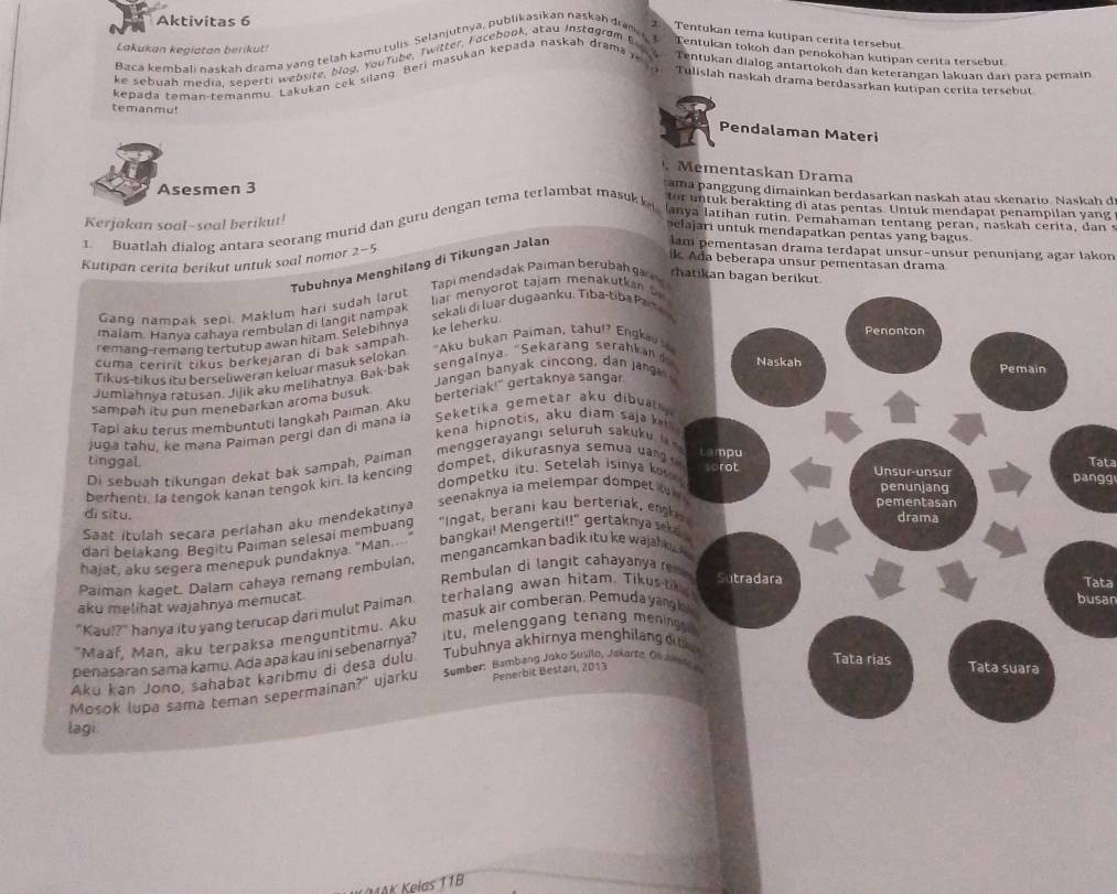 Aktivitas 6
Tentukan tema kutipan cerita tersebut
Lakukan kegictan berikut!
Baca kembali naskah drama yang telah kamu tulis. Selanjutnya, publikasikan naskah dran  Tentukan tokoh dan penokohan kutipan cerita tersebut
ke sebuah media, seperti website, blog, YouTube, Twitter, Facebook, atau Instogrom bie
kepada teman-temanmu. Lakukan cek silang. Beři masukan kebada naskaḥ drama y Tentukan dialog antartokeh dan keterangan lakuan darı para pemain
Tulislah naskah drama berdasarkan kutipan cerita tersebut
temanmu!
Pendalaman Materi
Mementaskan Drama
Asesmen 3
tama panggung dimainkan berdasarkan naskah atau skenario. Naskah d
for untuk berakting di atas pentas. Untuk mendapat penampilan yang
Kerjakan soal-soal berikut!
1. Buatlah dialog antara seorang murid dan guru dengan tema terlambat masuk k anya latihan rutin. Pemahaman tentang peran, naskah cerita, dan 
elajari untuk mendapatkan pentas yang bagus.
iam pementasan drama terdapat unsur-unsur penunjang agar lakon
Kutipan cerita berikut untuk soal nomor 2-5
ik. Ada beberapa unsur pementasan drama
Tubuhnya Menghilang di Tikungan Jalan
Tapi mendadak Paiman berubah ga rhatikan bagan berikut
Gang nampak sepi, Maklum hạri sudah larụt liar menyorot tajam menakutkan t 
malam. Hanva cahaya rembulan di langit nampak
sekali di luar dugaanku. Tiba-tiba Pank a
remand-remand tertutup awan hitam. Selebihnya
ke leherku.
cuma ceririt tikus berkejaran di bak sampah "Aku bukan Paiman, tahu!? Engkau 
Tikus-tikus itu berseliweran keluar masuk selokan
Jangan banyak cincong, dan janga
Jumlahnva ratusan. Jijik aku melihatnya. Bak-bak sengalnya. "Sekarang serabkan 
sampah itu pun menebarkan aroma busuk
Tapi aku terus membuntuti langkah Paiman. Aku berteriak!" gertaknya sangar
juga tahu, ke mana Paiman pergi dan di mana la Seketika gemetar aku dibua
kena hipnotis, aku diam saja kih
Tata
Di sebuah tikungan dekat bak sampah, Paiman  mengerayangi seluruh sakuku  
tinggal. pangg
dompetku itu. Setelah isinya ko
berhenti. Ia tengok kanan tengok kir. Ia kencing dompet, dikurasnya semua uang
seenaknya ia melempar dompet w
di situ. 
Saat itulah secara perlahan aku mendekatinya
dari belakang. Begitu Paiman selesai membuang "Ingat, berani kau berteriak, engh
mengancamkan badik itu ke wajahk
hajat, aku segera menepuk pundaknya. "Man... bangkai! Mengerti!!" gertaknya sek
Paiman kaget. Dalam cahaya remang rembulan, Rembulan di langit cahayanya r
Tata
aku melihat wajahnya memucat.
"Kau!?" hanya itu yang terucap dari mulut Paiman. terhalang awan hitam. Tikust
"Maaf, Man, aku terpaksa menguntitmu. Aku masuk air comberan. Pemuda yan
busar
penasaran sama kamu. Ada apa kau ini sebenarnya? itu, melenggang tenang meni
Aku kan Jono, sahabat karibmu di desa dulu  Tubuhnya akhirnya menghilang o
Penerbit Bestari, 2013
Mosok lupa sama teman sepermainan?" ujarku Sumber: Bambang Joko Susilo, Jekarte. On a
lagi
ias 1 1B