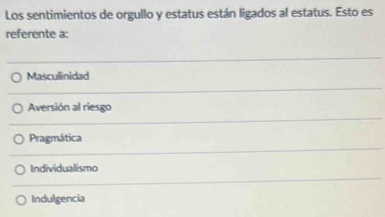 Los sentimientos de orgullo y estatus están ligados al estatus. Esto es
referente a:
Masculinidad
Aversión al riesgo
Pragmática
Individualismo
Indulgencia