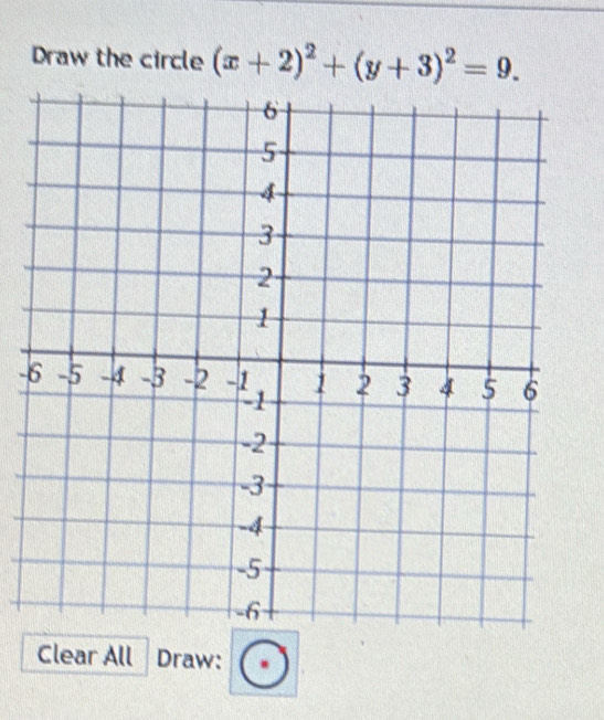 Draw the circle (x+2)^2+(y+3)^2=9. 
- 
Clear All Draw: