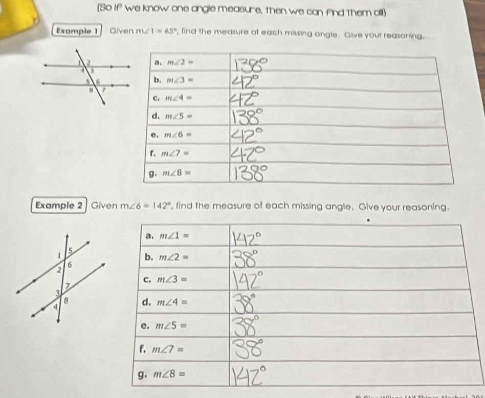 (So If we know one angle measure, then we can find them allli)
Example 1 Given m∠ 1=65° , find the measure of each missing angle. Give your reasoning.
xample 2  Given m∠ 6=142° , find the measure of each missing angle. Give your reasoning.