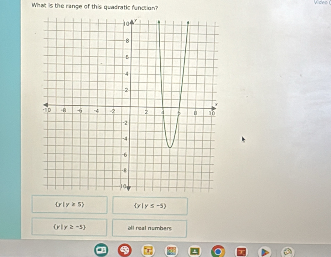 Video(
What is the range of this quadratic function?
 y|y≥ 5
 y|y≤ -5
 y|y≥ -5 all real numbers