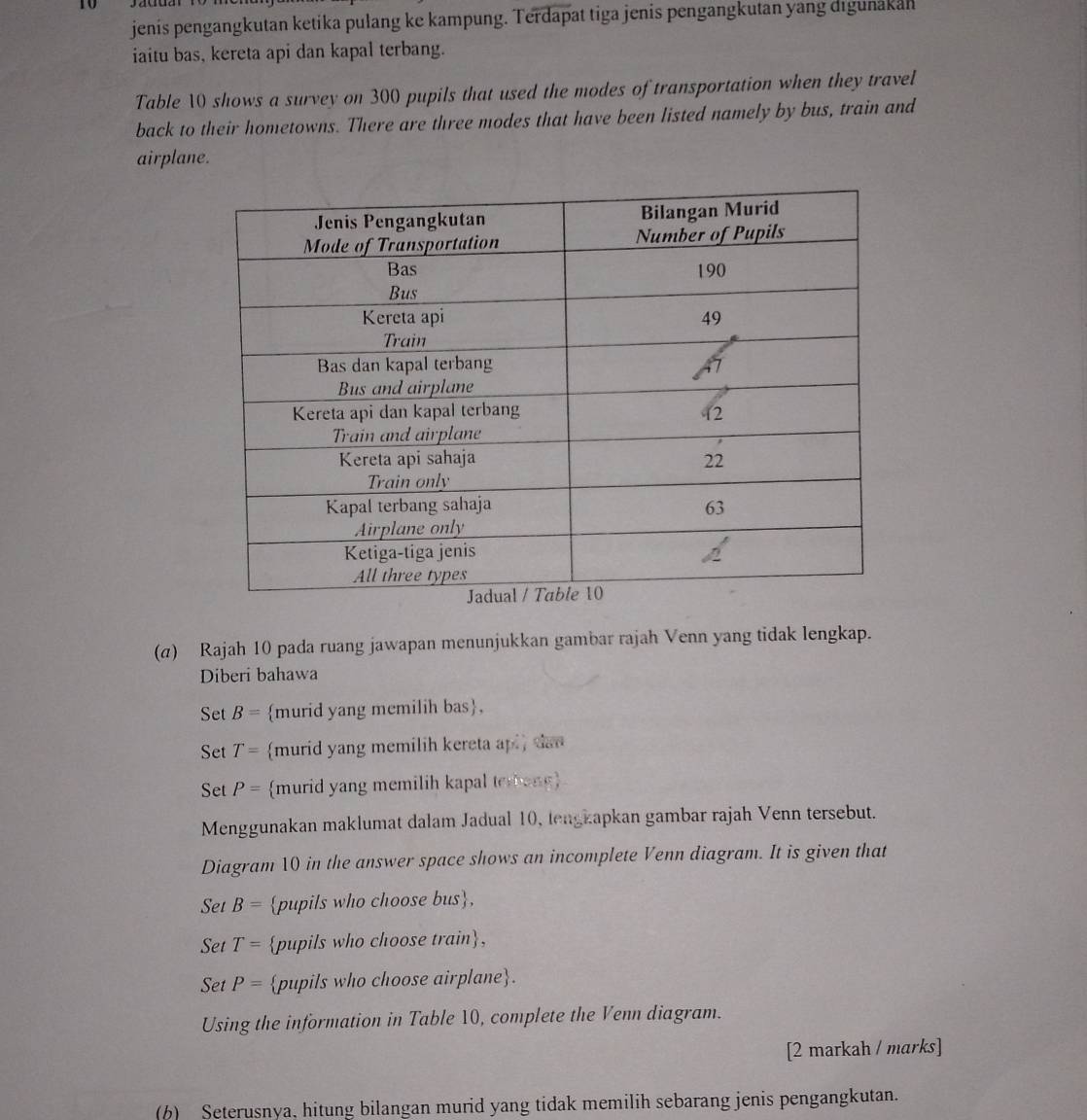 to 
jenis pengangkutan ketika pulang ke kampung. Terdapat tiga jenis pengangkutan yang digunakan 
iaitu bas, kereta api dan kapal terbang. 
Table 10 shows a survey on 300 pupils that used the modes of transportation when they travel 
back to their hometowns. There are three modes that have been listed namely by bus, train and 
airplane. 
(α) Rajah 10 pada ruang jawapan menunjukkan gambar rajah Venn yang tidak lengkap. 
Diberi bahawa 
Set B= murid yang memilih bas, 
Set T= murid yang memilih kereta api dan 
Set P= murid yang memilih kapal terbong 
Menggunakan maklumat dalam Jadual 10, lengkapkan gambar rajah Venn tersebut. 
Diagram 10 in the answer space shows an incomplete Venn diagram. It is given that 
Set B= pupils who choose bus, 
Set T= pupils who choose train, 
Set P= pupils who choose airplane. 
Using the information in Table 10, complete the Venn diagram. 
[2 markah / marks] 
(6) Seterusnya, hitung bilangan murid yang tidak memilih sebarang jenis pengangkutan.