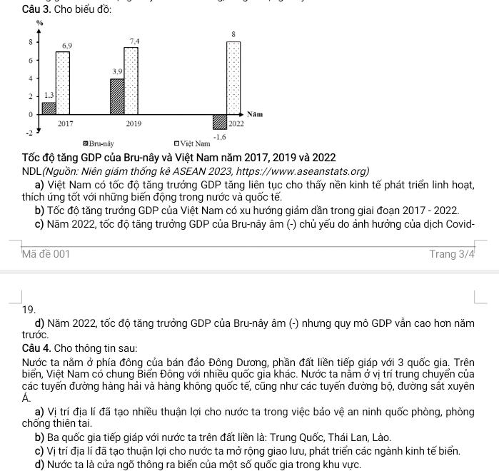 Cho biểu đồ:
Tốc độ tăng GDP của Bru-nây và Việt Nam năm 2017, 2019 và 2022
NDL (Nguồn: Niên giám thống kê ASEAN 2023, https://www.aseanstats.org)
a) Việt Nam có tốc độ tăng trưởng GDP tăng liên tục cho thấy nền kinh tế phát triển linh hoạt,
thích ứng tốt với những biến động trong nước và quốc tế.
b) Tốc độ tăng trưởng GDP của Việt Nam có xu hướng giảm dần trong giai đoạn 2017 - 2022.
c) Năm 2022, tốc độ tăng trưởng GDP của Bru-nây âm (-) chủ yếu do ảnh hưởng của dịch Covid-
Mã đề 001 Trang 3/4
19.
d) Năm 2022, tốc độ tăng trưởng GDP của Bru-nây âm (-) nhưng quy mô GDP vẫn cao hơn năm
trước.
Câu 4. Cho thông tin sau:
Nước ta nằm ở phía đông của bán đảo Đông Dương, phần đất liền tiếp giáp với 3 quốc gia. Trên
biển, Việt Nam có chung Biển Đông với nhiều quốc gia khác. Nước ta nằm ở vị trí trung chuyển của
các tuyến đường hàng hải và hàng không quốc tế, cũng như các tuyến đường bộ, đường sắt xuyên
A.
a) Vị trí địa lí đã tạo nhiều thuận lợi cho nước ta trong việc bảo vệ an ninh quốc phòng, phòng
chống thiên tai.
b) Ba quốc gia tiếp giáp với nước ta trên đất liền là: Trung Quốc, Thái Lan, Lào.
c) Vị trí địa lí đã tạo thuận lợi cho nước ta mở rộng giao lưu, phát triển các ngành kinh tế biển.
d) Nước ta là cửa ngõ thông ra biển của một số quốc gia trong khu vực.