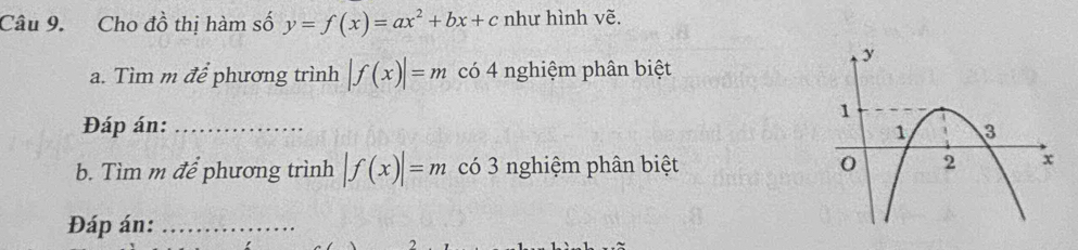 Cho đồ thị hàm số y=f(x)=ax^2+bx+c như hình vẽ. 
a. Tìm m để phương trình |f(x)|=m cdot 04 4 nghiệm phân biệt 
Đáp án:_ 
b. Tìm m để phương trình |f(x)|=m có 3 nghiệm phân biệt 
Đáp án:_