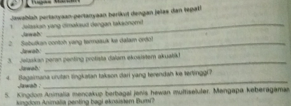 Jawablah pertanyaan-pertanyaan berikut dengan jelas dan tepatl 
Jelaskan yang dimakaud dengan taksonomil 
Jawab" 
2. Sebutkan contoh yang termasuk ke dalam ordo! 
Jawab: 
3. Jelaskan peran penting protista dalam ekosistem akuatik! 
Jawab: 
_ 
4. Bagaimana urutan tingkatan takson dari yang terendah ke terlinggi? 
Jawab : 
_ 
5. Kingdom Animalia mencakup berbagal jenis hewan multiseluler. Mengapa keberagaman 
kingdom Animalia penting bagi ekosistem Bumi?