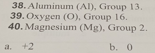 Aluminum (Al), Group 13.
39. Oxygen (O), Group 16.
40. Magnesium (Mg), Group 2.
a. +2 b. 0