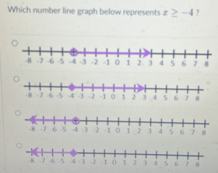 Which number line graph below represents x≥ -4 ?
-8 -7 -6 -5 4 -3 -2 -1 0 1 2 3 4 5 6 7 8