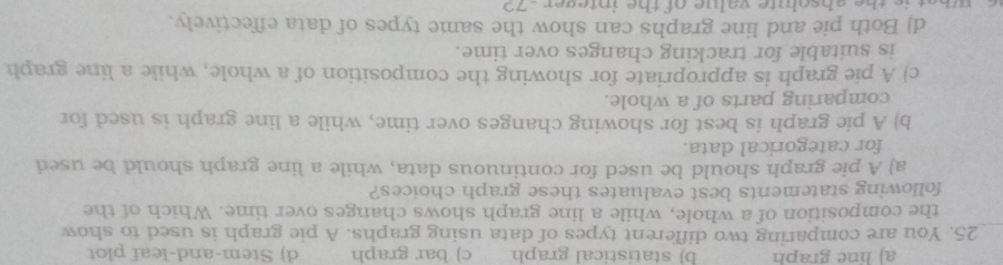 a) line graph b) statistical graph c) bar graph d) Stem-and-leaf plot
_25. You are comparing two different types of data using graphs. A pie graph is used to show
the composition of a whole, while a line graph shows changes over time. Which of the
following statements best evaluates these graph choices?
a) A pie graph should be used for continuous data, while a line graph should be used
for categorical data.
b) A pie graph is best for showing changes over time, while a line graph is used for
comparing parts of a whole.
c) A pie graph is appropriate for showing the composition of a whole, while a line graph
is suitable for tracking changes over time.
d) Both pie and line graphs can show the same types of data effectively.