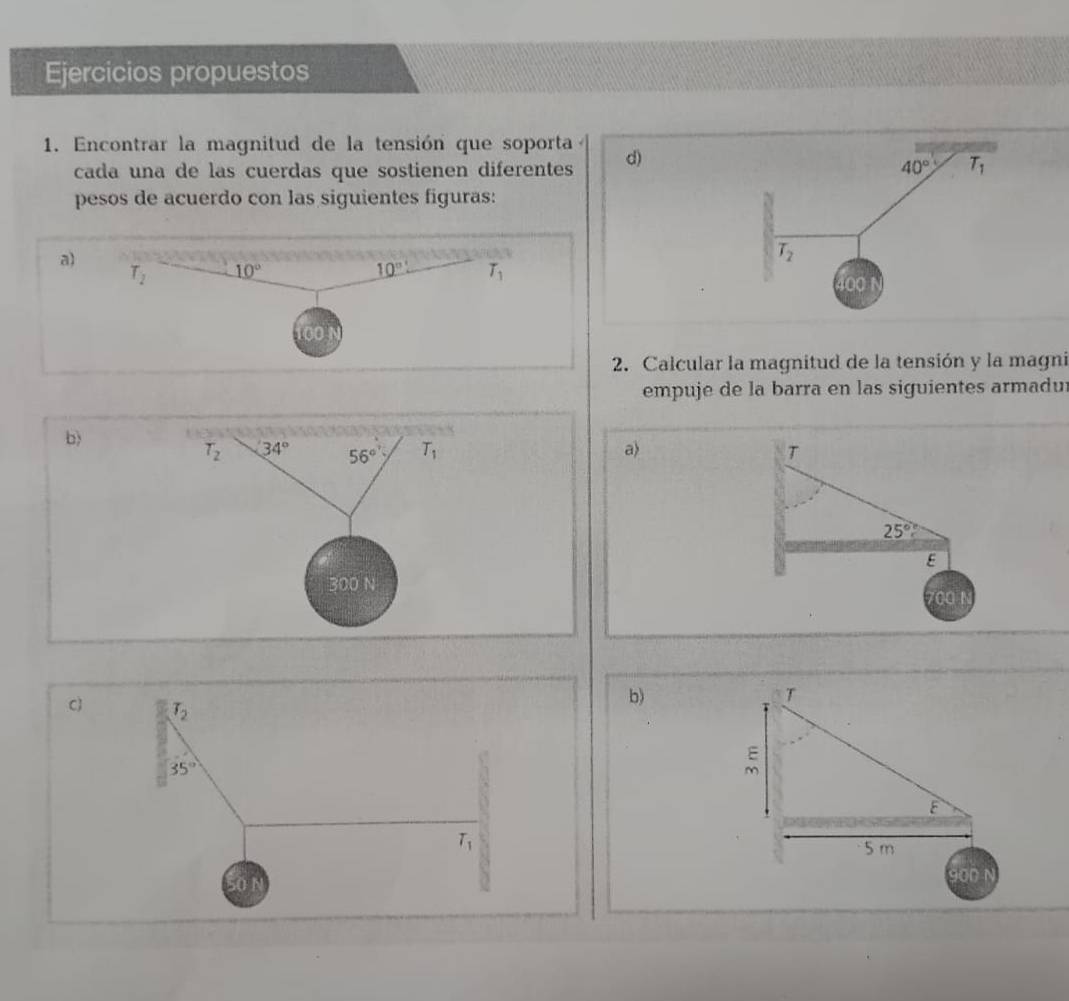 Ejercicios propuestos
1. Encontrar la magnitud de la tensión que soporta d)
cada una de las cuerdas que sostienen diferentes 40° T_1
pesos de acuerdo con las siguientes figuras:
T_2
400
2. Calcular la magnitud de la tensión y la magni
empuje de la barra en las siguientes armadur
a) T
25°
E
00
b)