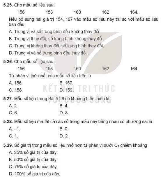 Cho mẫu số liệu sau:
156 158 160 162 164.
Nếu bổ sung hai giá trị 154, 167 vào mẫu số liệu này thỉ so với mẫu số liệu
ban đầu:
A. Trung vị và số trung binh đều không thay đổi.
B. Trung vị thay đổi, số trung bình không thay đổi.
C. Trung vị không thay đổi, số trung binh thay đổi.
D. Trung vị và số trung bình đều thay đổi.
5.26. Cho mẫu số liệu sau:
156 158 160 162 164.
Tứ phân vị thứ nhất của mẫu số liệu trên là
A. 156. B. 157.
C. 158. D. 159.
5.27. Mẫu số liệu trong Bài 5. 26 có khoảng biển thiên là
A. 2. B. 4.
C. 6. D. 8.
5.28. Mẫu số liệu mà tất cả các số trong mẫu này bằng nhau có phương sai là
A. -1. B. 0.
C. 1. D. 2.
5.29. Số giá trị trong mẫu số liệu nhỏ hơn tứ phân vị dưới Q_1 chiếm khoàng
A. 25% số giá trị của dãy.
B. 50% số giá trị của dãy.
C. 75% số giá trị của dãy.
D. 100% số giá trị của dãy.