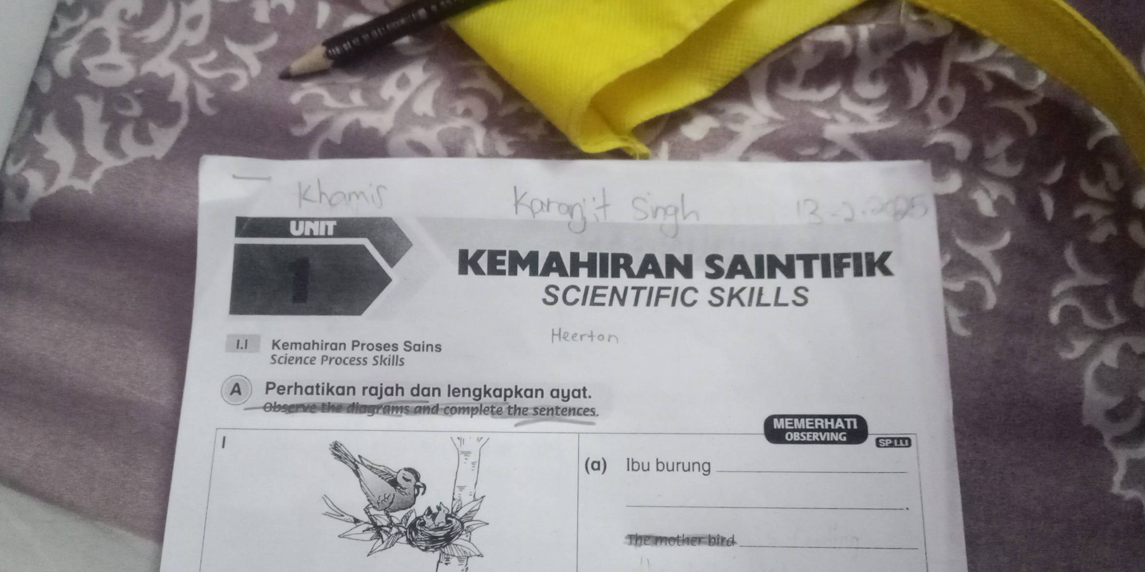 UNIT 
KEMAHIRAN SAINTIFIK 
SCIENTIFIC SKILLS 
1.1 Kemahiran Proses Sains 
Science Process Skills 
A Perhatikan rajah dan lengkapkan ayat. 
Observe the diagrams and complete the sentences. 
MEMERHATI 
1 
OBSERVING SP LUI 
(a) Ibu burung_ 
_ 
The mother bird_