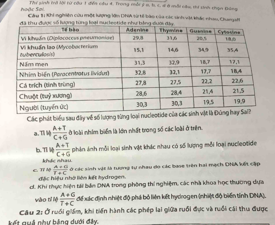 Thi sinh trả lời từ câu 1 đến câu 4. Trong mỏi ý a, b, c, d ở mỗi câu, thí sinh chọn Đúng
hoặc Sai.
Cầu 1: Khi nghiên cứu một lượng lớn DNA từ tế bào của các sinh vật khác nhau, Chargaff
ượng từng loại nuc
Các phát biểu sau đây về số lượng từng lo
a. Tỉ lệ  (A+T)/C+G  ở loài nhím biển là lớn nhất trong số các loài ở trên.
b. Tỉ lệ  (A+T)/C+G  phản ánh mỗi loại sinh vật khác nhau có số lượng mỗi loại nucleotide
khác nhau.
C. Tỉ lệ  (A+G)/T+C  ở các sinh vật là tương tự nhau do các base trên hai mạch DNA kết cặp
đặc hiệu nhờ liên kết hydrogen.
d. Khi thực hiện tái bản DNA trong phòng thí nghiệm, các nhà khoa học thường dựa
vào tỉ lệ  (A+G)/T+C  để xác định nhiệt độ phá bỏ liên kết hydrogen (nhiệt độ biến tính DNA).
Câu 2: Ở ruồi giấm, khi tiến hành các phép lai giữa ruồi đực và ruồi cái thu được
kết quả như bảng dưới đây.