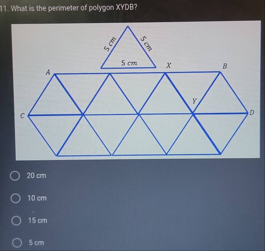 What is the perimeter of polygon XYDB?
20 cm
10 cm
15 cm
5 cm