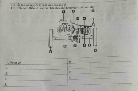 1.3 Cầu tạo và nguyên lý làm việc của hộp số: 
1.3.1 Cầu tạo: Điễn tên các bộ phận theo thứ tự trong sơ đồ dưới đây. 
1. Động cơ 
6. 
2. 
7. 
3. 
8. 
4. 
9. 
5.