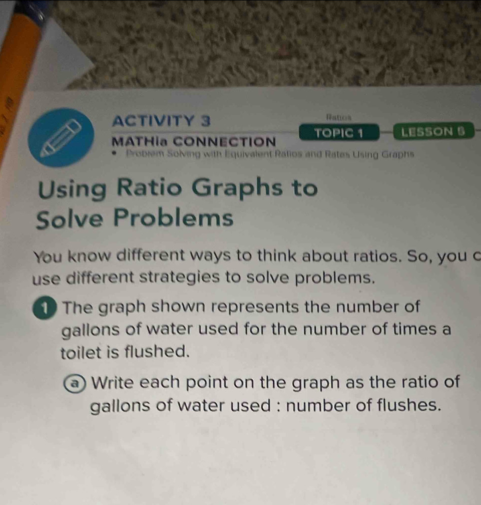 、 
ACTIVITY 3 Ratios 
MATHía CONNECTION TOPIC 1 LESSON S 
em Solving with Equivalent Ratios and Rates Using Graphs 
Using Ratio Graphs to 
Solve Problems 
You know different ways to think about ratios. So, you c 
use different strategies to solve problems. 
1 The graph shown represents the number of
gallons of water used for the number of times a 
toilet is flushed. 
a) Write each point on the graph as the ratio of
gallons of water used : number of flushes.