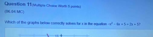 Question 11(Multiple Choice Worth 5 points) 
(06.04 MC) 
Which of the graphs below correctly solves for x in the equation -x^2-6x+5=2x+5 ?
15-4