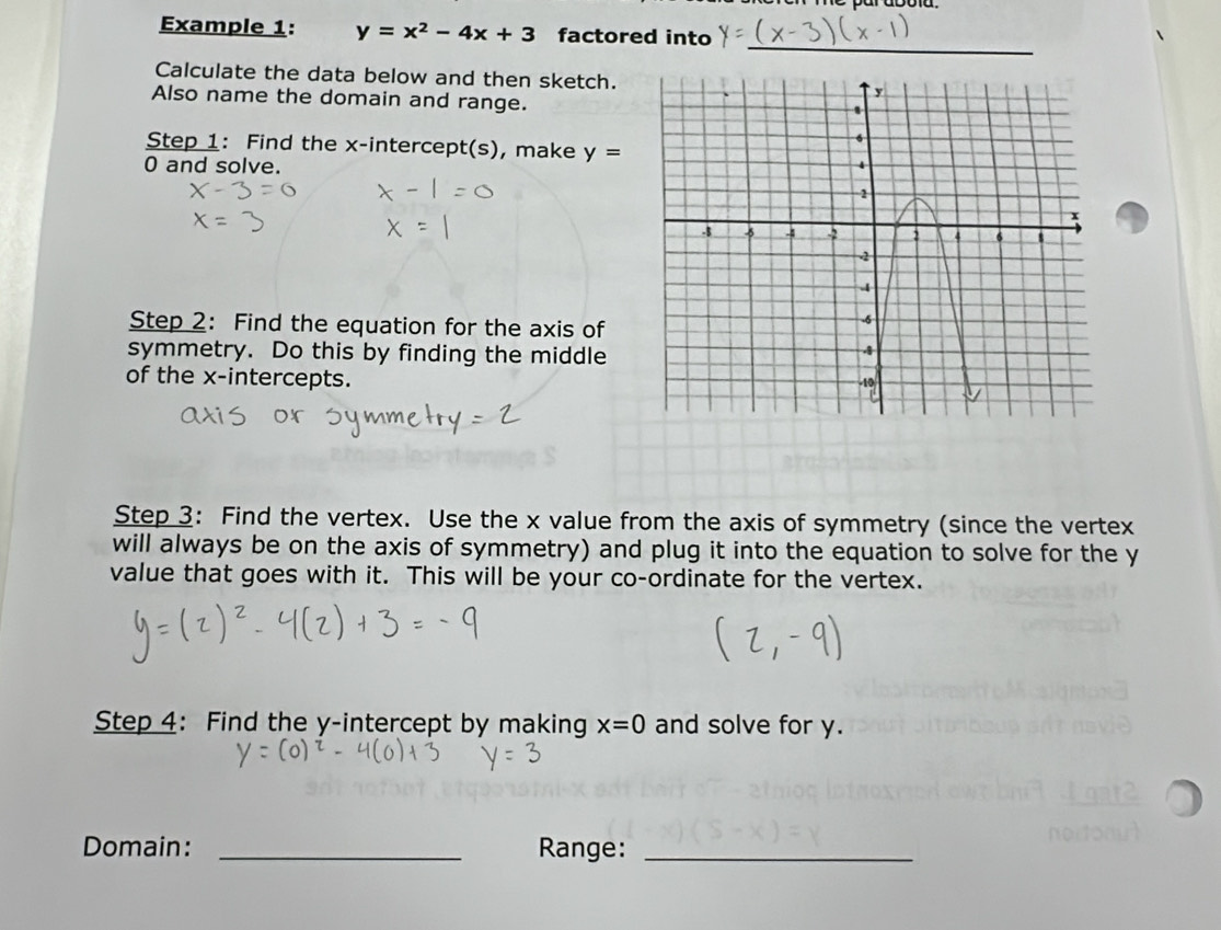 Example 1: y=x^2-4x+3 factored into 
_ 
Calculate the data below and then sketch. 
Also name the domain and range. 
Step 1: Find the x-intercept(s), make y=
0 and solve. 
Step 2: Find the equation for the axis of 
symmetry. Do this by finding the middle 
of the x-intercepts. 
Step 3: Find the vertex. Use the x value from the axis of symmetry (since the vertex 
will always be on the axis of symmetry) and plug it into the equation to solve for the y
value that goes with it. This will be your co-ordinate for the vertex. 
Step 4： Find the y-intercept by making x=0 and solve for y. 
Domain: _Range:_