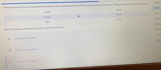 Rashad purchased movie tickets for himself and two friends. After buying the tickets, he has $17 left over to buy snacks for the movie. Snack prices (including tix) are shown below Item 11 Item 12
$1.50
Candy
$4.00
Popcorn Item 13
$2.75 Mern 14
Drink
Which of the following combinations of snacks could Rashad purchase? Itern 15
ter 16
ltem 1
A 2 drinks and 3 popcorns
lhern Il
B 3 popcoms and 3 candies
C 4 popcorns and 1 candy