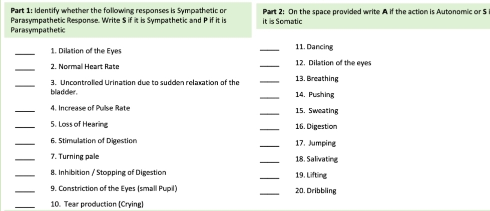 Identify whether the following responses is Sympathetic or Part 2: On the space provided write A if the action is Autonomic or S 
Parasympathetic Response. Write S if it is Sympathetic and P if it is it is Somatic 
Parasympathetic 
_1. Dilation of the Eyes _11. Dancing 
_ 
2. Normal Heart Rate 
_12. Dilation of the eyes 
_3. Uncontrolled Urination due to sudden relaxation of the _13. Breathing 
bladder. _14. Pushing 
_4. Increase of Pulse Rate _15. Sweating 
_5. Loss of Hearing _16. Digestion 
_6. Stimulation of Digestion _17. Jumping 
_7. Turning pale _18. Salivating 
_8. Inhibition / Stopping of Digestion _19. Lifting 
_9. Constriction of the Eyes (small Pupil) _20. Dribbling 
_10. Tear production (Crying)