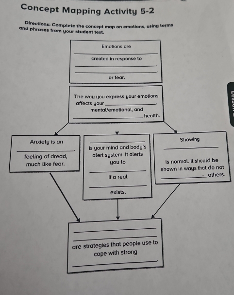 Concept Mapping Activity 5-2 
Directions: Complete the concept map on emotions, using terms 
and phrases from your student text. 
Emotions are 
_ 
created in response to 
_ 
_. 
or fear. 
The way you express your emotions 
affects your_ 
mental/emotional, and 
_health. 
Anxiety is an _Showing 
_ 
is your mind and body's 
_ 
feeling of dread, alert system. It alerts 
much like fear. you to is normal. It should be 
_shown in ways that do not 
if a real _others. 
_ 
exists. 
_ 
_ 
are strategies that people use to 
_ 
cope with strong 
.