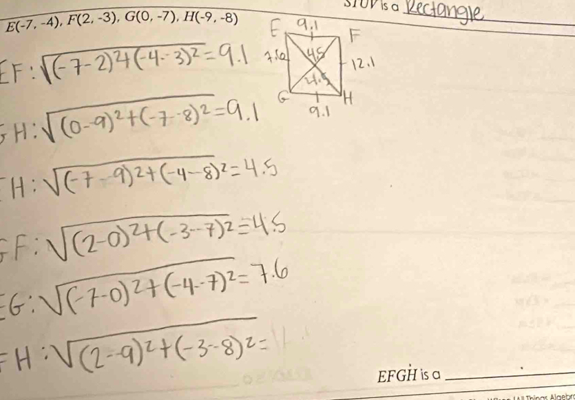 E(-7,-4), F(2,-3), G(0,-7), H(-9,-8)
STUVIsa 
_ 
EFGH is a_ 
Thinar Alaebr