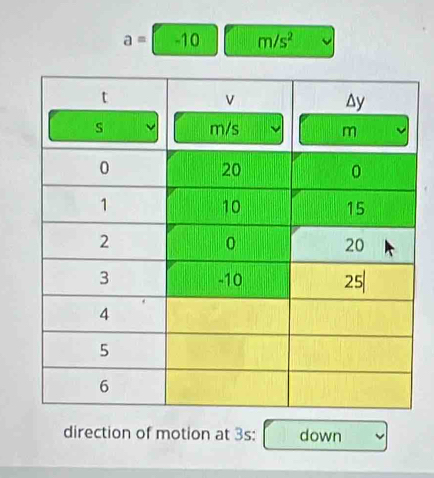 a=-10 m/s^2
direction of motion at 3s : down