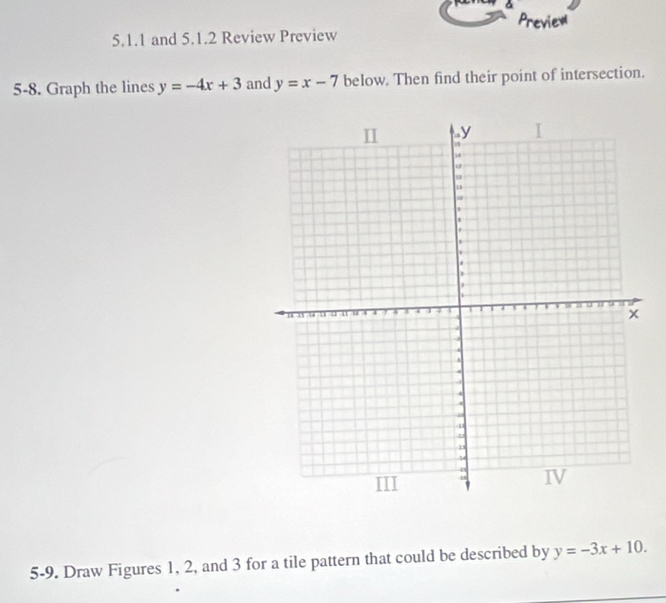 Previex
5.1.1 and 5.1.2 Review Preview
5-8. Graph the lines y=-4x+3 and y=x-7 below. Then find their point of intersection.
5-9. Draw Figures 1, 2, and 3 for a tile pattern that could be described by y=-3x+10.