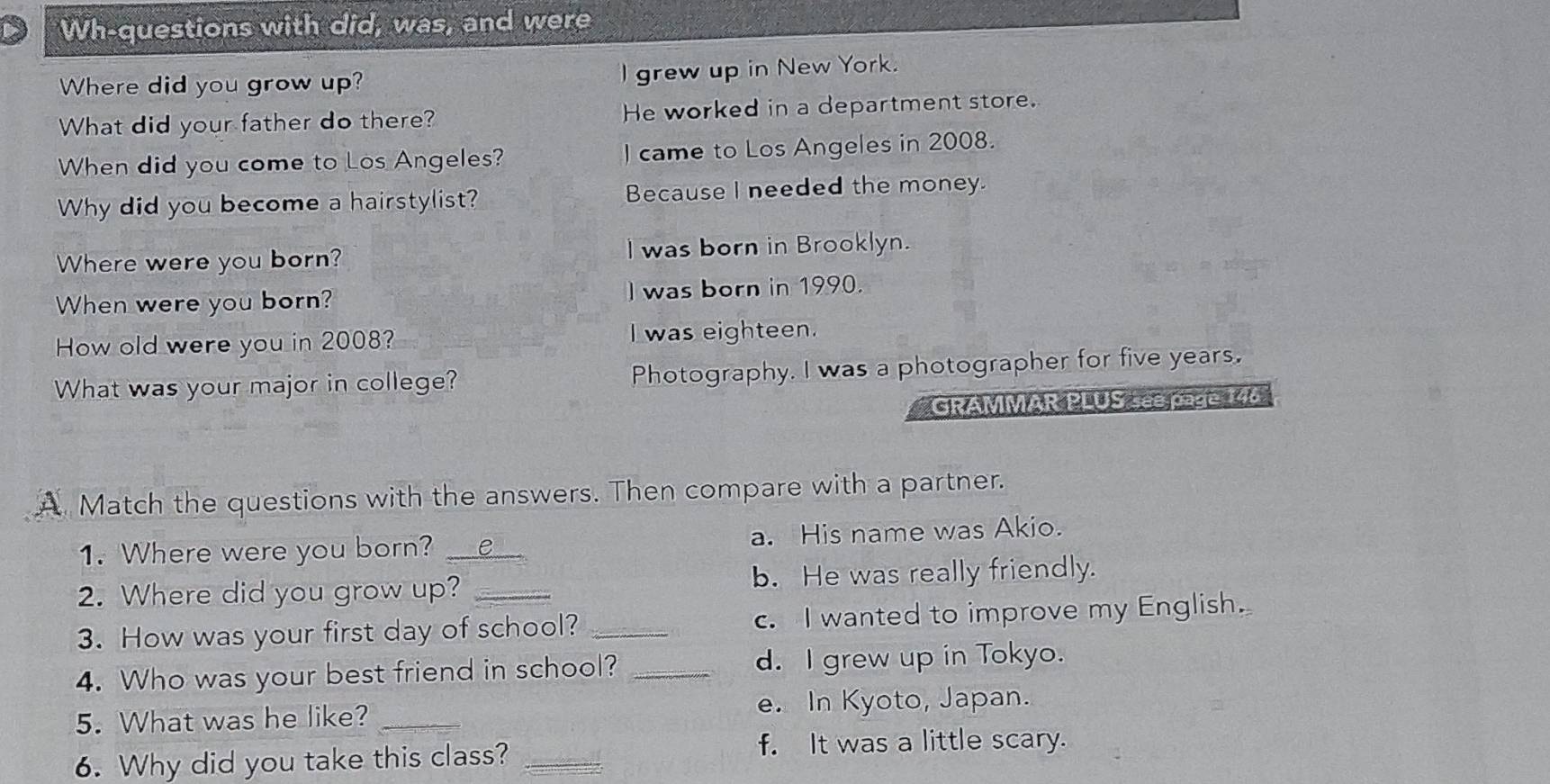 Wh-questions with did, was, and were
Where did you grow up? l grew up in New York.
What did your father do there? He worked in a department store.
When did you come to Los Angeles? l came to Los Angeles in 2008.
Why did you become a hairstylist? Because I needed the money.
Where were you born? I was born in Brooklyn.
When were you born? l was born in 1990.
How old were you in 2008? I was eighteen.
What was your major in college? Photography. I was a photographer for five years.
GRAMMAR PLUS see page 146
A Match the questions with the answers. Then compare with a partner.
1. Where were you born? _a. His name was Akio.
2. Where did you grow up? _b. He was really friendly.
3. How was your first day of school? _c. I wanted to improve my English.
4. Who was your best friend in school? _d. I grew up in Tokyo.
5. What was he like? _e. In Kyoto, Japan.
6. Why did you take this class?_
f. It was a little scary.