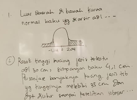 Luas Saerah 8 bawah kurva 
normal baku ya arsir a81 -. - 
② Raca tinggi rucing lenis fetenty 
a81 30 cm, simpangan baku 4, I cm. 
Persentase bonyaknya kucing. Jenp +sb 
yg tinggimga melebili 35 cm Dan 
gpt sular sampai ketelitian sclesar. .