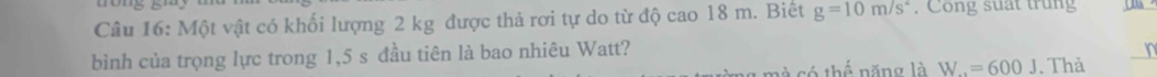 Một vật có khối lượng 2 kg được thả rơi tự do từ độ cao 18 m. Biết g=10m/s^2. Cong suat trung 
bình của trọng lực trong 1,5 s đầu tiên là bao nhiêu Watt? 
n 
só thế năng là W.=600J. Thà