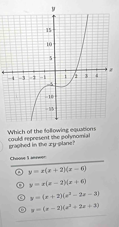 Which of the following equations
could represent the polynomial
graphed in the xy -plane?
Choose 1 answer:
a y=x(x+2)(x-6)
B y=x(x-2)(x+6)
y=(x+2)(x^2-2x-3)
D y=(x-2)(x^2+2x+3)