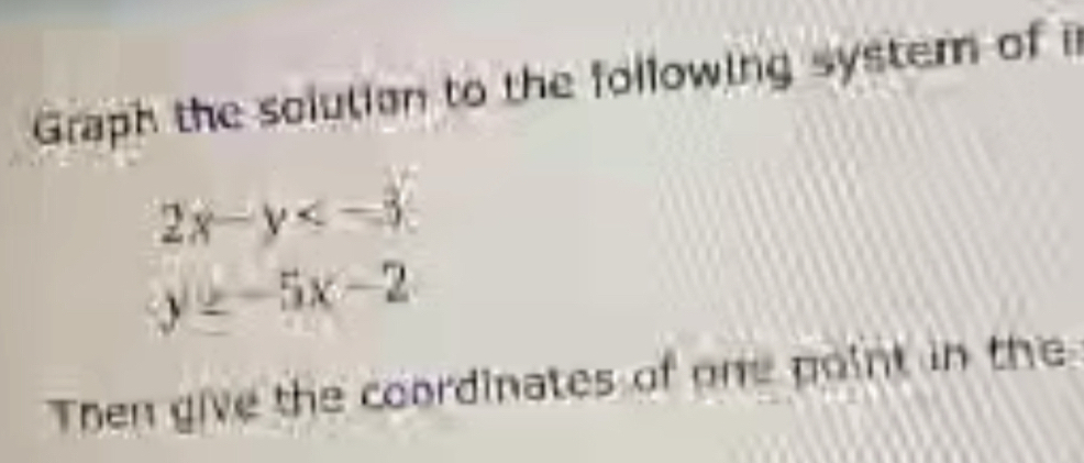 Graph the solution to the following syster of i
2x-y
y=-5x-2
Then give the coordinates of one point in the